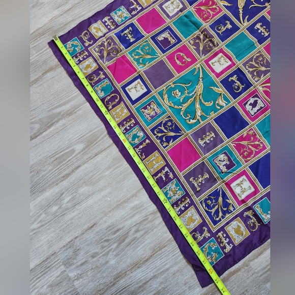 VTG Georgiou 100% Silk Scarf Purple Pink Blue Letters Squares 34x33 - Picture 11 of 12